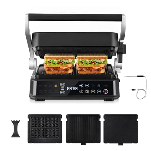 Image of AMZCHEF 6-in-1 Health Grill & Griddle with 180° Adjustable Plates, GrillBoost (280°C) – Indoor Grill, 4 Non-Stick Plates for Steaks & More – 2000W, Dishwasher Safe
