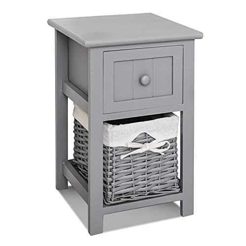 Image of FiNeWaY Fully Assembled White Shabby Chic Bedside Cabinet Unit Table W Wicker Basket Storage Bathroom Bedroom (Grey)