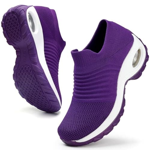 Image of HKR Womens Trainers Walking Shoes Comfortable Tennis Shoes Lightweight Nursing Shoes Air Cushion Running Shoes Platform Runners Breathable Sneakers, Purple White, 6 UK