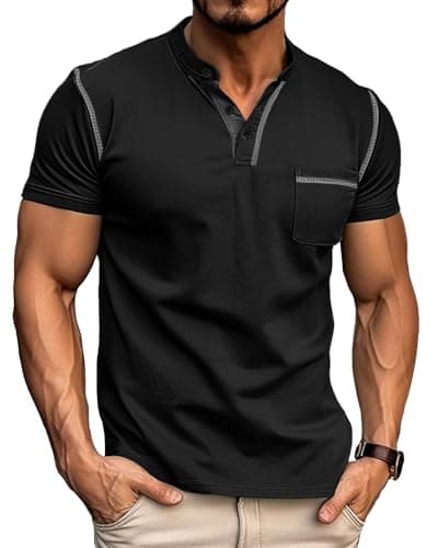 Image of Mens Polo Shirts Short Sleeve Summer Smart Henley T-Shirts Classic Stretch Golf Shirt with Pocket Black XL