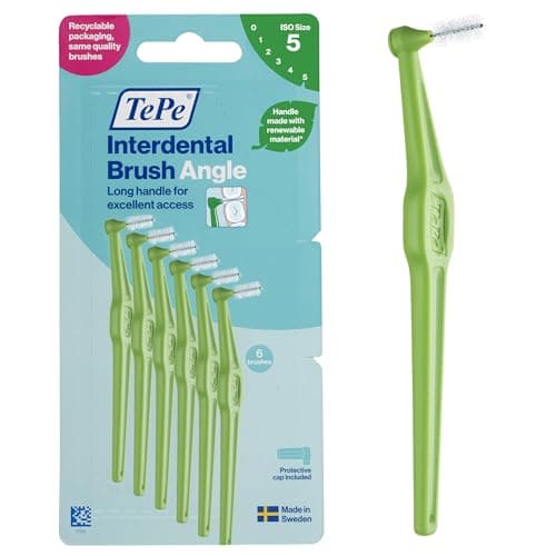 Image of TePe Interdental Brush Angle, Green, 0.8mm/ISO 5, 6pcs, Plaque Remover, Easy and efficient Cleaning Between Teeth, Tooth Floss for Small Gaps, Carton Pack