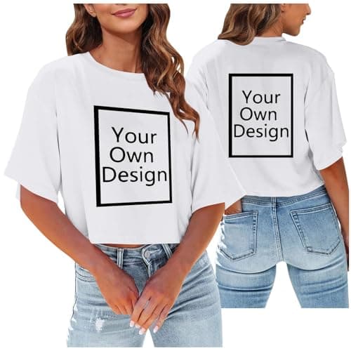 Image of Women Custom Crop Top T Shirt Add Text Photo Image Logo Design Your Own Personalised Front and Back Print Short Sleeve Casual Loose Fit Summer Tee White