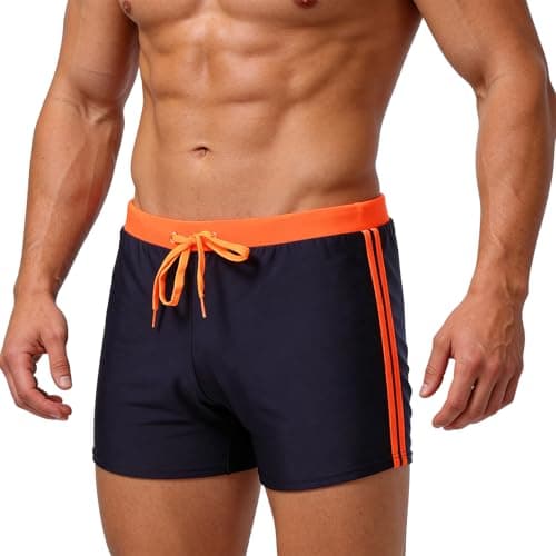 Image of BBXWANG Swimming Shorts Men Quick Dry Mens Swimming Trunks Stretchy Beach Board Short Boxer Swimwear with Drawstring (UK, Alpha, S, Regular, Regular, Orange + Navy Blue)