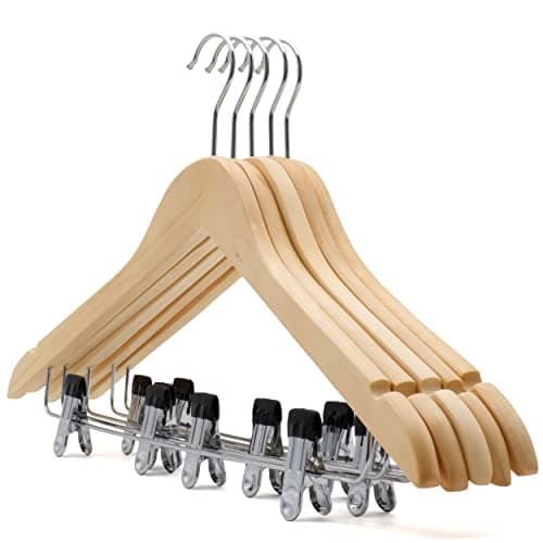 Image of The Hanger Store 10 Wooden Suit Coat Clothes Hangers with bar and clips for Trousers, Skirts, Shirts