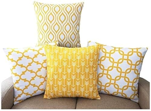 Image of TIDWIACE Set of 4 Decorative Linen Cushion Covers 45 x 45 cm Geometric Art Decor Pillow Case Yellow Cushion Cover 18x18 inches for Outdoor Garden Home Office Sofa Bedroom Car Decor