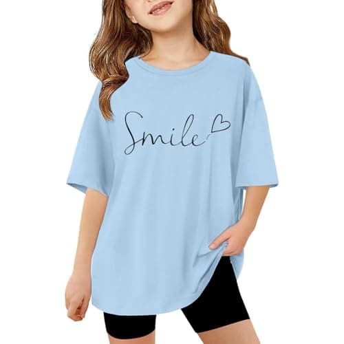 Image of Huihong Girls Short Sleeve T Shirts Kids Round Neck Comfy Summer Fashion Graphic Tshirts Teens Girls Casual Athletic Loose School Cute Cartoon Tunic Tops 3-14 Years (Light Blue, 13-14 Years)