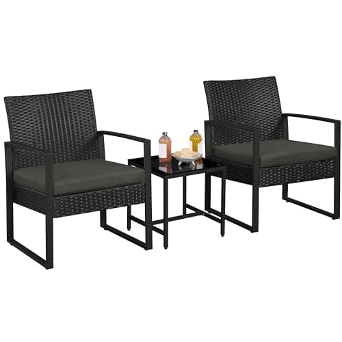Image of Yaheetech 3-Piece Rattan Garden Furniture Set, 2 Seater Chairs & 1 Table for Balcony with Cushions for House/Porch/Garden/Backyard/Outdoor Use, Black/Gray