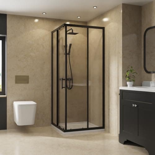 Image of NRG 760 x 760mm Bathroom Square Corner Entry Shower Enclosure with Double Sliding Doors 6mm Safety Glass Black Framed