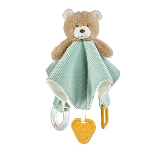 Image of CREVENT 3-in-1 Baby Lovey Blanket with Teether & Rattle | Plush Chewable Animal Head Security Blanket, Birthday Gift - Blue Bear