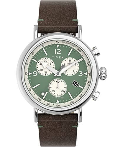 Image of Timex Men's Waterbury Chronograph 41 mm Watch - Brown Leather Two-Piece Quick Release Strap Green Dial Silver-Tone Case TW2V71000