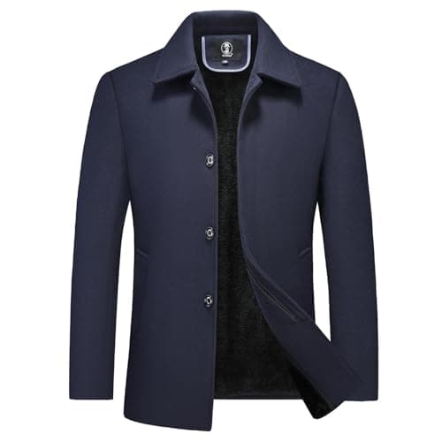 Image of KUDORO Mens Wool Coat Trench Coat Winter Thick Padded Jacket Peacoat Outwear(Navy,XXL)