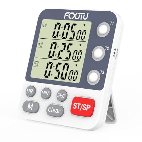 Image of FCXJTU Digital Triple Kitchen Timer, 3 Channels Count UP/Down Stopwatch Timer, Dual Cooking Timer, Large Display, Loud Volume Alarm and Flashing Light with Magnetic Back, Stand, Battery Included