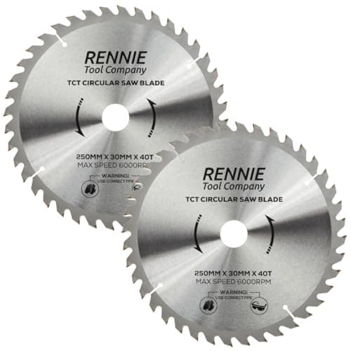 Image of (PACK OF 2) Rennie Tools 250mm x 30mm x 40T TCT Circular Wood Saw Blades Includes 25mm 20mm & 16mm Bore Reduction Rings. Compatible with Bosch Makita Dewalt Circular Saw Etc. Fits 255mm Circular Saws