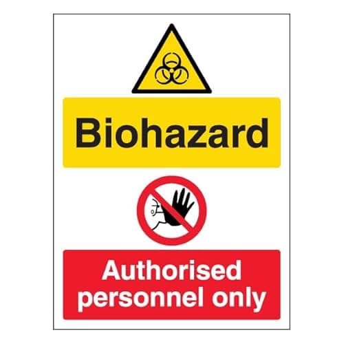 Image of V Safety Biohazard/Authorised Personal Only - Portrait 150 x 200 mm - Glow In The Dark Self Adhesive Vinyl Safety Sign