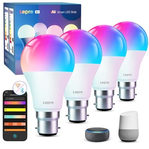 Image of Lepro AI Smart Bulb B22, Music Sync Bayonet WiFi Bulb, Colors Changing Light Bulb Works with Alexa & Google Assistant, 806lm, Voice Control, Personalized AI Lighting Designer, 4 Packs
