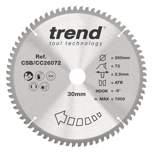 Image of Trend Wood Mitre Saw Blade, 260mm Diameter, 30mm Bore, 72 Teeth, 2.5mm Kerf, -5° Hook, TCT, Extra-Fine Finish, CSB/CC26072