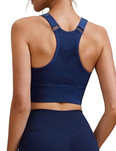 Image of Litherday High Impact Sports Bras Women Support Bra Seamless Racer Back Breathable Mesh Gym Tops Adjustable Shock Absorber Yoga Gym Tops Dark Blue M