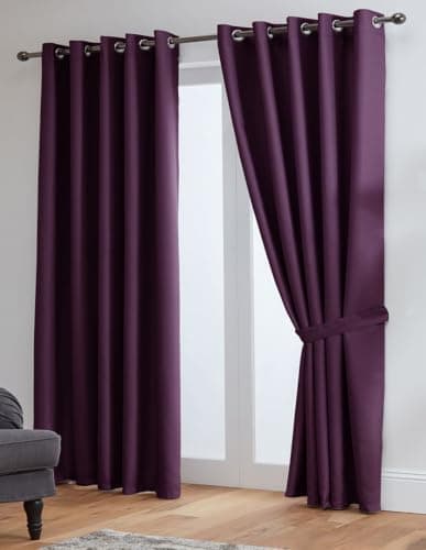 Image of John Aird Blackout Curtains Thermal Energy Saving Eyelet Curtains for Bedroom & Living Room Including Tie Backs (Aubergine, W 66" x L 90" (2 Panels)