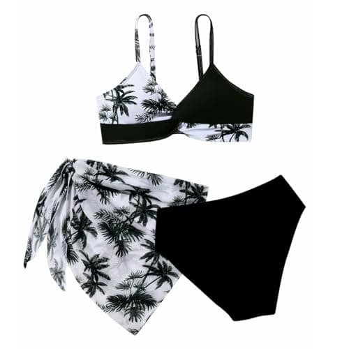 Image of Xumplo Girls Floral Bikini Set Tween Girls 3 Piece Swimsuits Tankini Set with Cover Up Kids Swimming Costume Bathing Suit Black 10-12 Years
