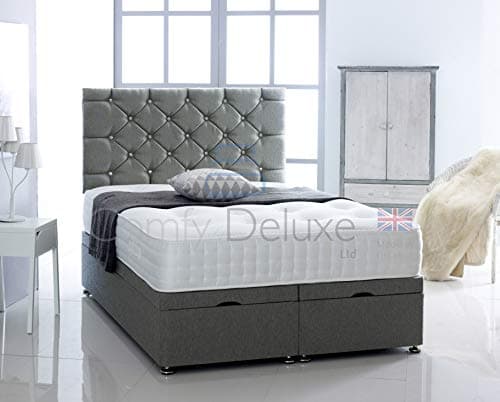 Image of Comfy Deluxe LTD Chesterfield Ottoman Bed Base - 4FT6 Double, Grey | Chenille Fabric Divan Storage Bed Frame with 26 Inch Headboard | Gas Lift Foot-End Opening | No Mattress Included | UK Made