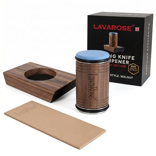 Image of LavaRose Artisan Rolling Knife Sharpener for Kitchen Knives, Premium Walnut Magnetic Angle Guide 15°/20°, Diamond Sharpening & Honing Discs, Leather Strop Included