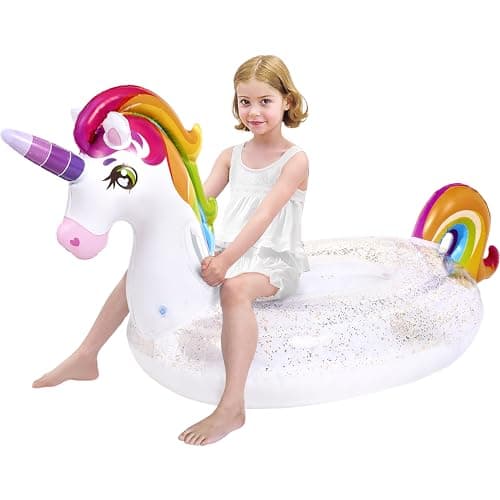 Image of JOYIN Pool Inflatables for Kids, Unicorn Pool Float with Glitters Fun Pool Floats, Ride On Unicorn Beach Lake Floaties Raft Lounge, Party in Summer Decorations Pool Toys for Kids (152.4 x 75 x 85cm)