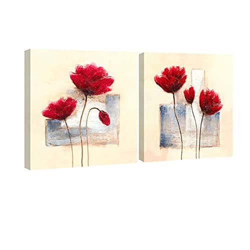 Image of Wieco Art - Charming Spring Modern 2 Panels Stretched and Framed Giclee Canvas Prints Artwork Abstract Floral Oil Paintings Style Picture Photo on Canvas Wall Art for Bedroom Home Decorations 2pcs/set