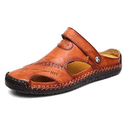 Image of Rojeam Mens Casual Synthetic Leather Sandals Closed Toe Beach Slippers Flat Shoes Summer Sandals for Hiking Trekking, Brown, 10.5 UK
