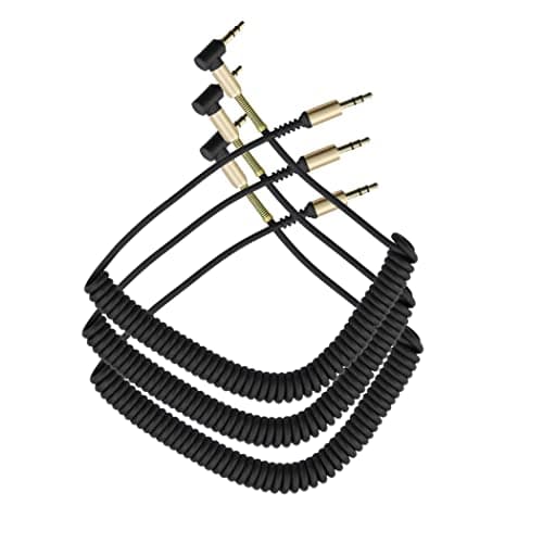 Image of LiKuCo 3Pack 3.5mm Coiled Audio Cable Cord, 90 Degree Right Angle AUX Cable with Steel Spring Relief for Headphones, iPods, iPhones, iPads, Home/Car Stereos and More (3Pack Black)