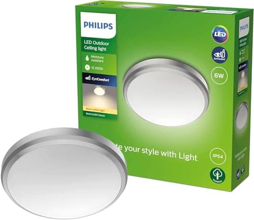 Image of Philips LED Doris Outdoor Ceiling Light 6W [Warm White - Nickel] Water Resistant IP54, for Garden, Patio and Terrace Lighting.