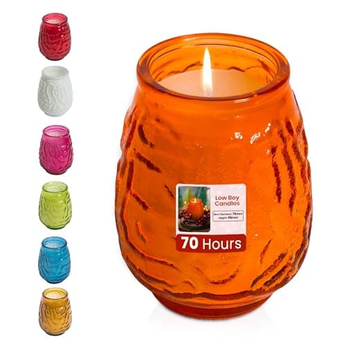 Image of We Can Source It Ltd – 6 x Low Boy Glass Jar Candles with 70 Hour Burn Time – Orange Wax Jars for Home, Garden, Restaurant & Commercial Use – Lead-Free Cotton Wick