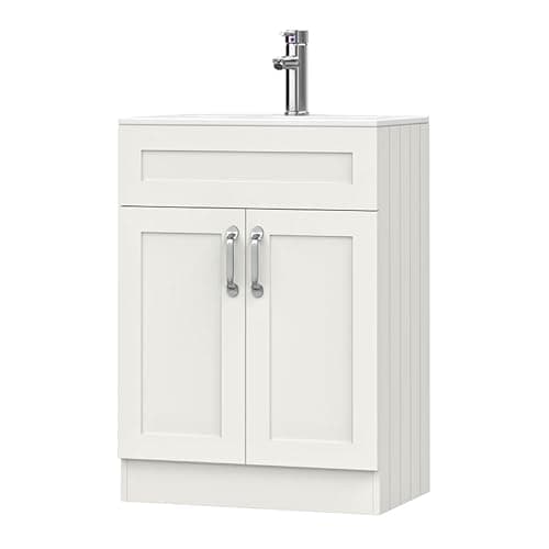Image of BELOFAY Crawley White 600mm Floor Standing Bathroom Vanity Unit With Basin - Laquered Cloakroom Vanity Unit with 1 Tap Hole Ceramic Basin and Soft Close Hinges. (WASTE INCLUDED)