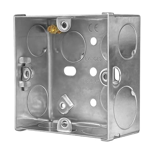Image of Evoges Single Metal Back Box, 35mm, 1 Gang, 1.0mm Thickness for Electrical Sockets Switches, BS4662 Standard, 20mm & 25mm Knockouts, Adjustable Lug, Brass Terminal (Pack of 1)