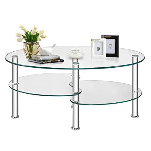 Image of Multigot Tempered Glass Coffee Table, 3-Tier Cocktail Center Table with Open Shelf and Heavy-duty Steel Frame, Oval Snack Tea Sofa Side End Table for Living Room Office (Transparent)