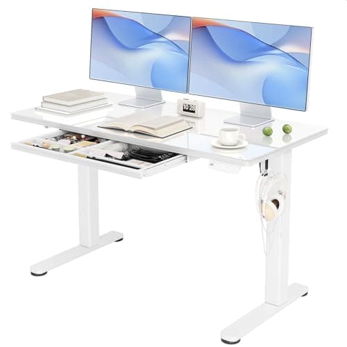 Image of INNOVAR Glass Standing Desk with Drawers, 48 x 24 Inches Electric Height Adjustable Desk, Tempered Glass Top Stand Up Desks for Home and Office, White