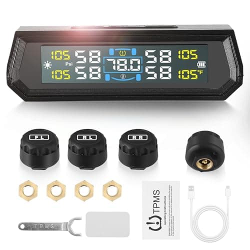 Image of Tire Pressure Monitoring System TPMS,Solar Power Universal Wireless Car Alarm System, USB Charging and Digital Display,Monitor with 5 Alarm Modes,Pressure Range 0-5 bar, 0-87Psi for Car SUV Trailer