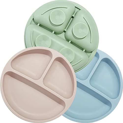 Image of PandaEar 3 Pack Silicone Baby Suction Plates for Toddler Kids Self Feeding, Stay Put Divided Feeding Weaning Plates for High Chair Tray, Unbreakable Portable Non Slip