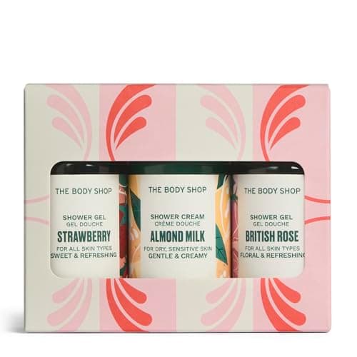 Image of The Body Shop Shower Gel Trio Gift Set, Almond, Strawberry & British Rose Shower Gel 60ml, Cleansing Body Wash Set, Refreshing, Softening, Travel Size, Vegan Skincare Gift