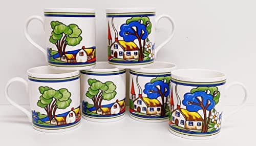 Image of Rainbow Decors Village Art Deco Mugs Set of 6 Large Balmoral 425ml 15oz Fine Bone China Exclusive Countryside Scene Cups Hand Decorated in UK
