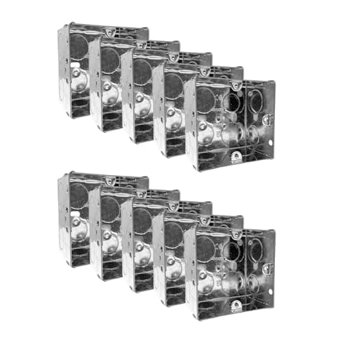 Image of Evoges Single Metal Back Box, 47mm, 1 Gang, 1.0mm Thickness for Electrical Sockets Switches, BS4662 Standard, 20mm & 25mm Knockouts, Adjustable Lug, Brass Terminal (Pack of 10)