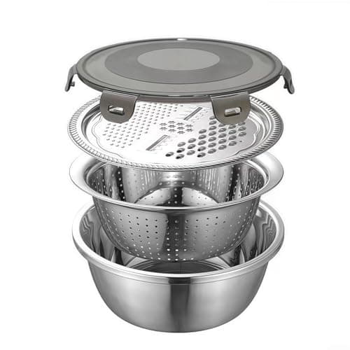 Image of 4 Pcs Stainless Steel Mixing and Drain Bowls Set with Integrated Vegetable Grater Lids and Silicone Cover, Versatile Kitchen Strainer and Sifter for Food Preparation, Easy Clean a