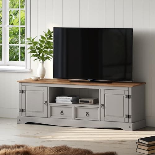 Image of Corona TV Unit Grey Wax Large 2 Drawer 2 Door Widescreen Media Television Stand Solid Wood Pine Wooden Painted Shabby Chic Mexican Long Living Room 52cm High 157cm Wide 35cm Deep