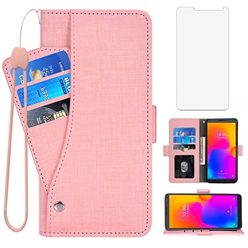 Image of Asuwish Compatible with Alcatel 1B 2022 Wallet Case Tempered Glass Screen Protector and Leather Flip Cover Card Holder Stand Cell Accessories Purse Credit ID Slot TPU Phone Cases for Women Men Pink