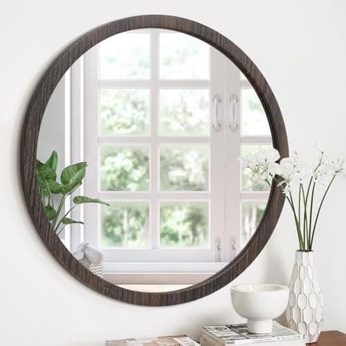 Image of JJUUYOU Round Mirror Circular Wall Mounted Mirror for Bathroom Vintage Wood Framed Rustic Make up Mirrors for Living Room Bedroom Dorm Entryway Brown