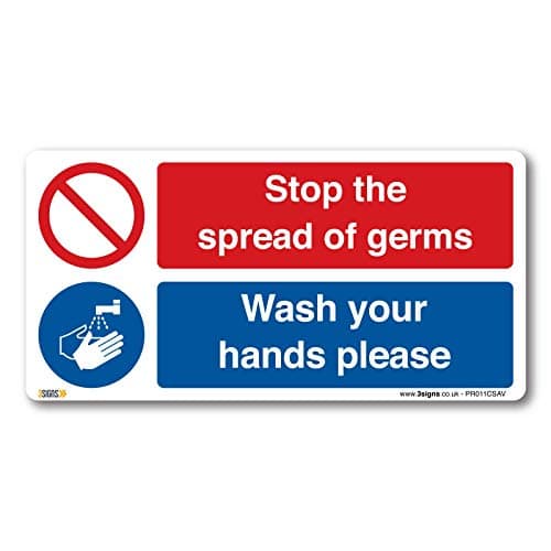 Image of Pack of 2 Stop the spread of germs, wash your hands please Sign -200x100mm Self-adhesive vinyl - Health and Safety Hygiene Prohibition Virus Risk