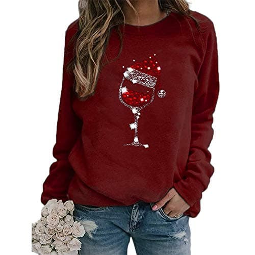 Image of FANSU Sweatshirts for Women Pullover Casual Long Sleeve Crew Neck, Christmas Tops for Women, Christmas Hat Red Wine Glass Print Autumn Winter Tops Sweatshirt (L,Burgundy Red)