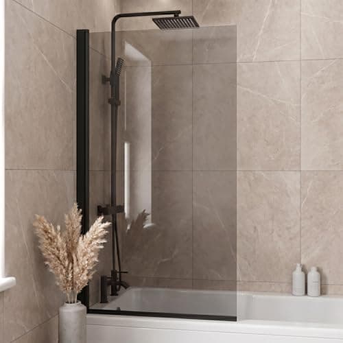 Image of Luxura® 800 x 1400mm Black Tinted Over Bath Shower Screen Folding Hinged Door Glass Panels & Screens for Baths, Bathroom Frameless Square Design, 6mm Toughened Safety Glass, 180° Pivot