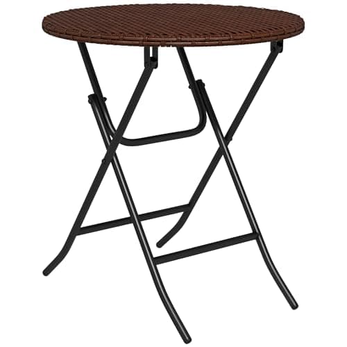 Image of Outsunny Foldable PE Rattan Outdoor Coffee Table, Metal Frame Wicker Round Side Table, Coffee Table Side Table for Lawn, Garden, Mixed Brown