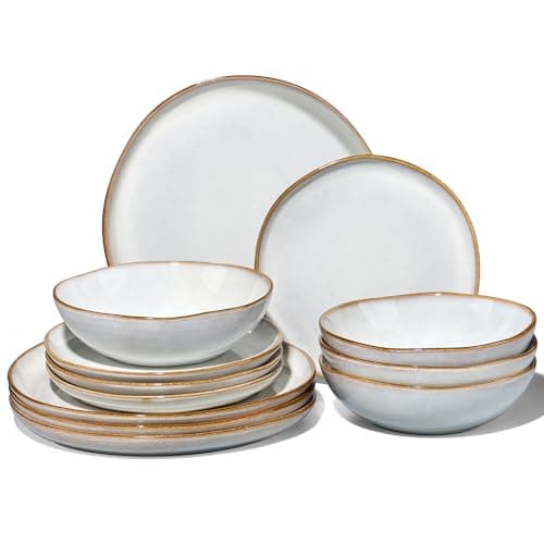 Image of Joyfair Dinner Set, 12 Pieces Stoneware Dinnerware Set Service for 4, Reactive Glaze Irregular Shape Plates and Bowls, Chip & Scratch Resistant, Microwave & Dishwasher Safe, Gilded Alabaster White