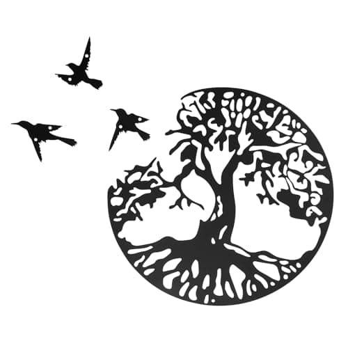 Image of bowarepro Black Metal Tree of Life Garden Wall Art Decor, Round Tree of life Wall Sculpture, Silhouette Tree and Bird Plaque Wall Art Decor Hangings for Kitchen Bedroom Living Room Office Staircase